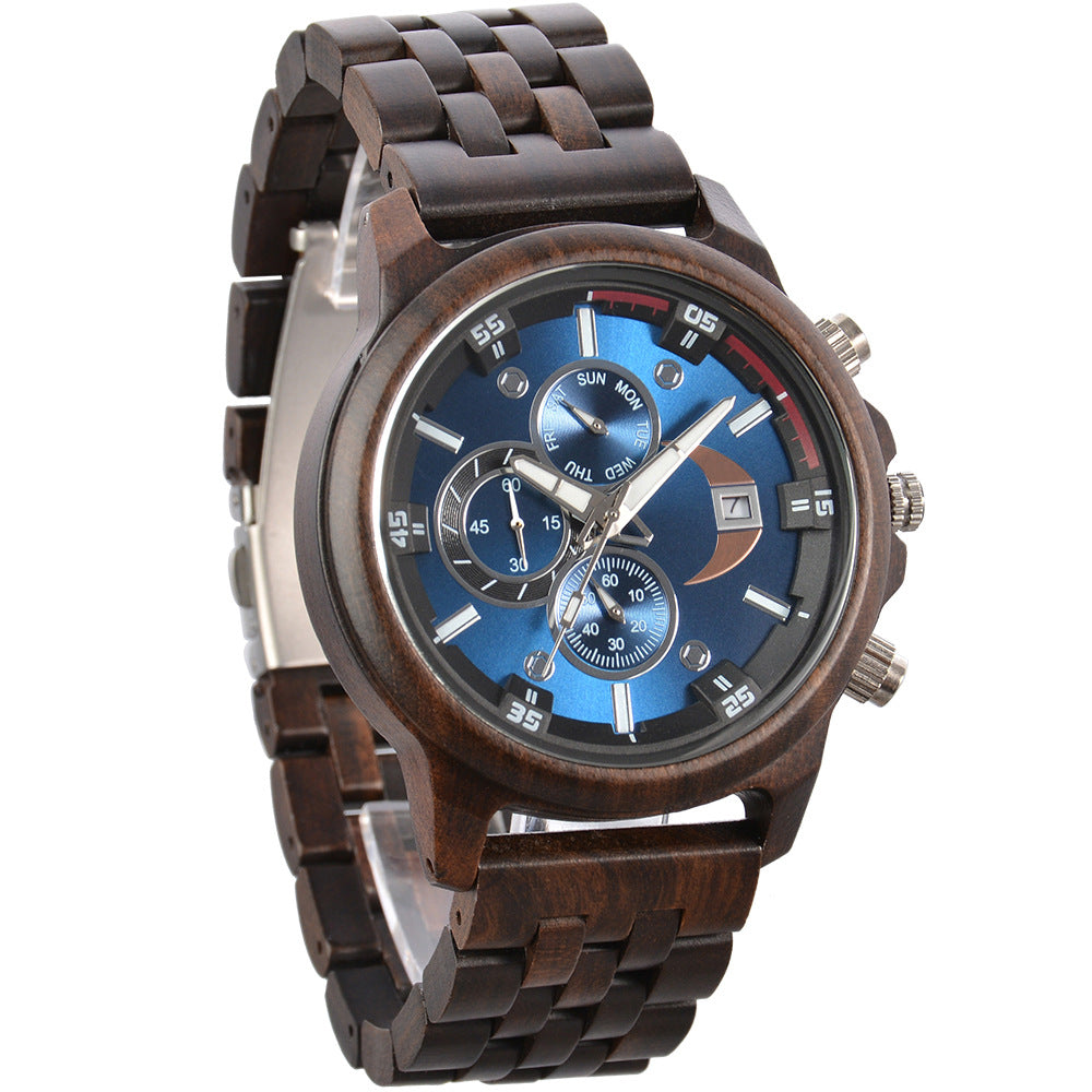 Men's Wooden Chronograph Watch | Blue Dial Rose Gold Sandalwood Day Date Sport Watch