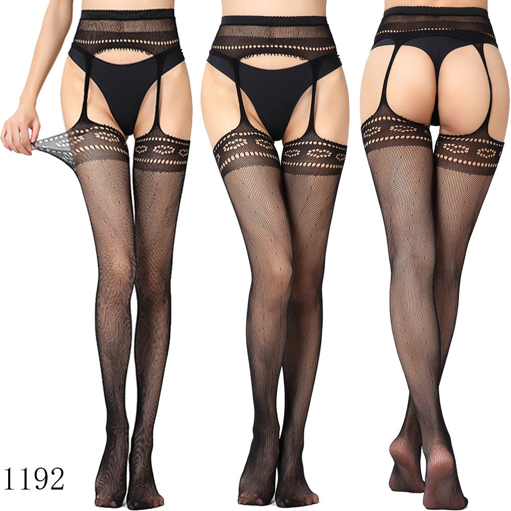 Black Fishnet Stockings with Garter Belt Set for Women | Lace Top Thigh High Stockings | Suspender Belt Set