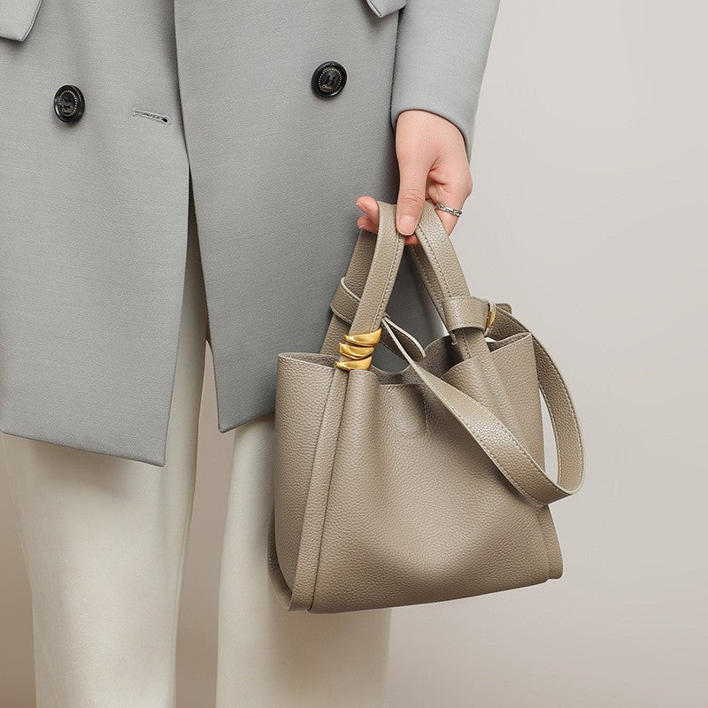 Cream Ivory Leather Tote Bag - Women's Shoulder Bag with Gold Knot Detail | Large Pebbled Leather Tote for Work & Everyday