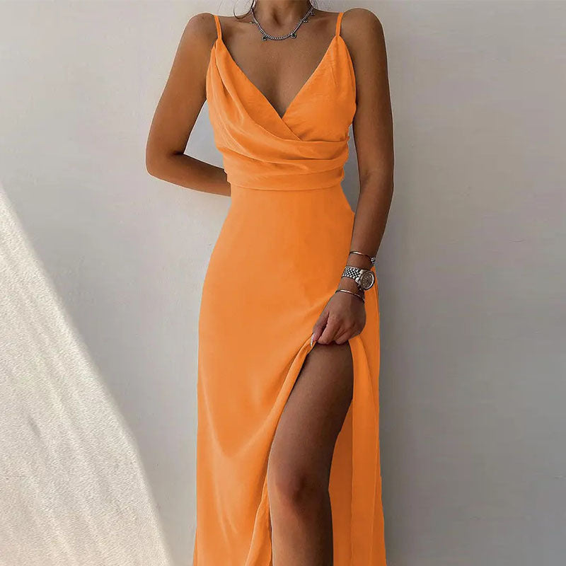 Womens V Neck Spaghetti Strap Maxi Dress with Side Slit Sleeveless Wrap Style Long Summer Dress Available in Multiple Colors and Prints