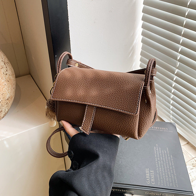 Taupe Brown Leather Crossbody Bag - Structured Flap Bag with Braided Strap & Hedgehog Charm | Small Shoulder Bag