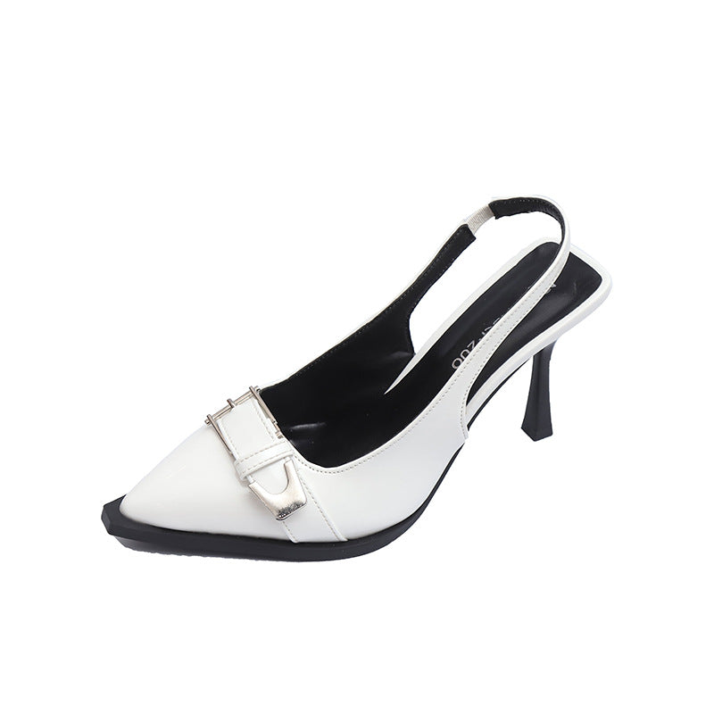 Black Patent Leather Silver Buckle Pointed Toe Slingback Stiletto Pumps | Women's Hardware Detail High Heel Court Shoes