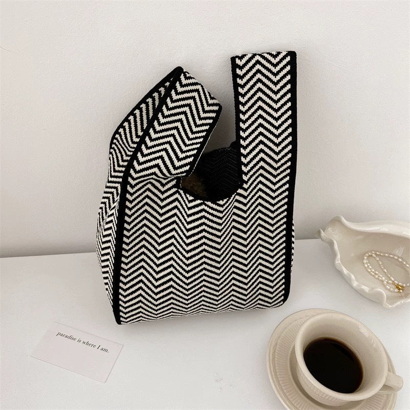 Black & White Geometric Knit Tote Bag | Aztec Pattern Wrist Handle Handbag | Boho Crochet Style Women's Bag