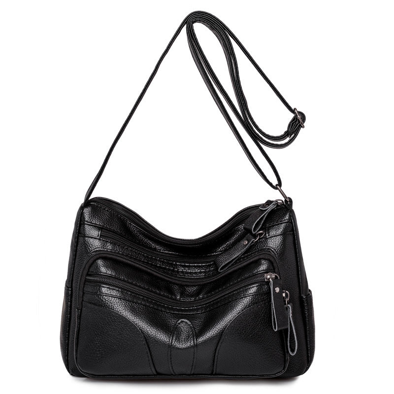 Black Leather Multi Pocket Crossbody Bag | Zipper Hobo Bag with Organizer