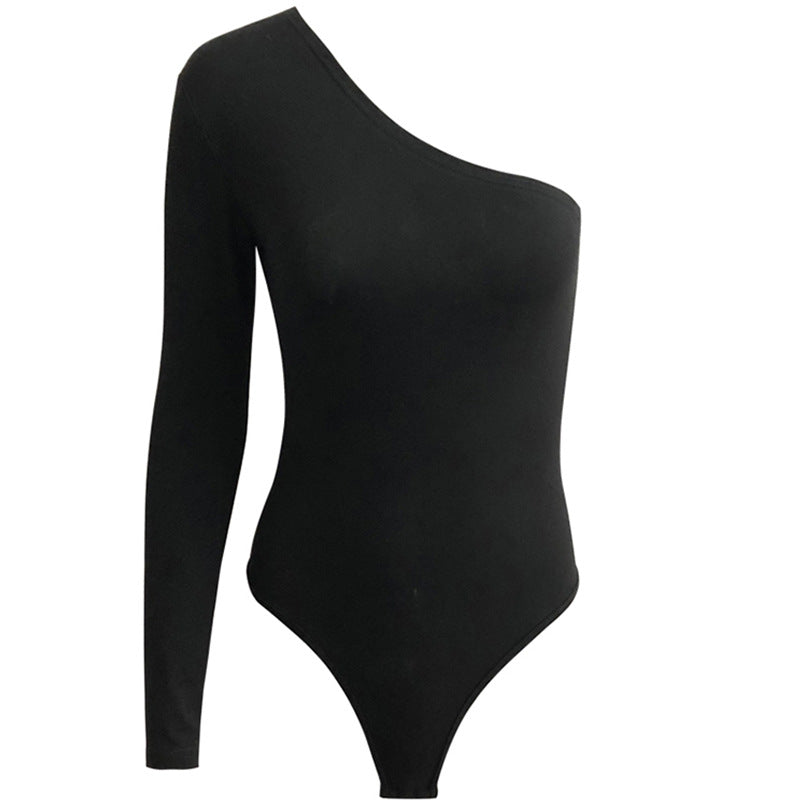 Black One Shoulder Long Sleeve Bodysuit | Women's Fitted Thong Bodysuit Top