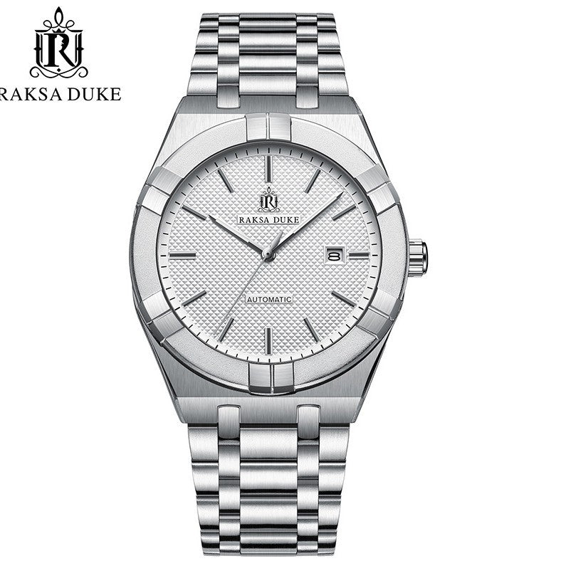 RAKSA DUKE Men's Automatic Watch | Black Textured Dial | Brushed Stainless Steel Bracelet | Self-Winding Mechanical Dress Watch with Date
