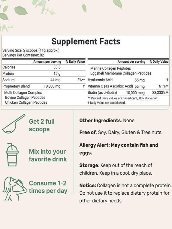 Micro Ingredients Multi Collagen Peptides Powder | Types I II III V X with Biotin Vitamin C & Hyaluronic Acid ? Unflavored 1lb | GMO Free Grass Fed