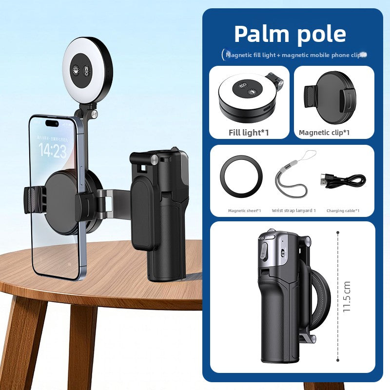 Palm Pole Magnetic Selfie Stick with Fill Light - Foldable Pocket Stabilizer for iPhone & Android | Vlogging, TikTok, Live Streaming