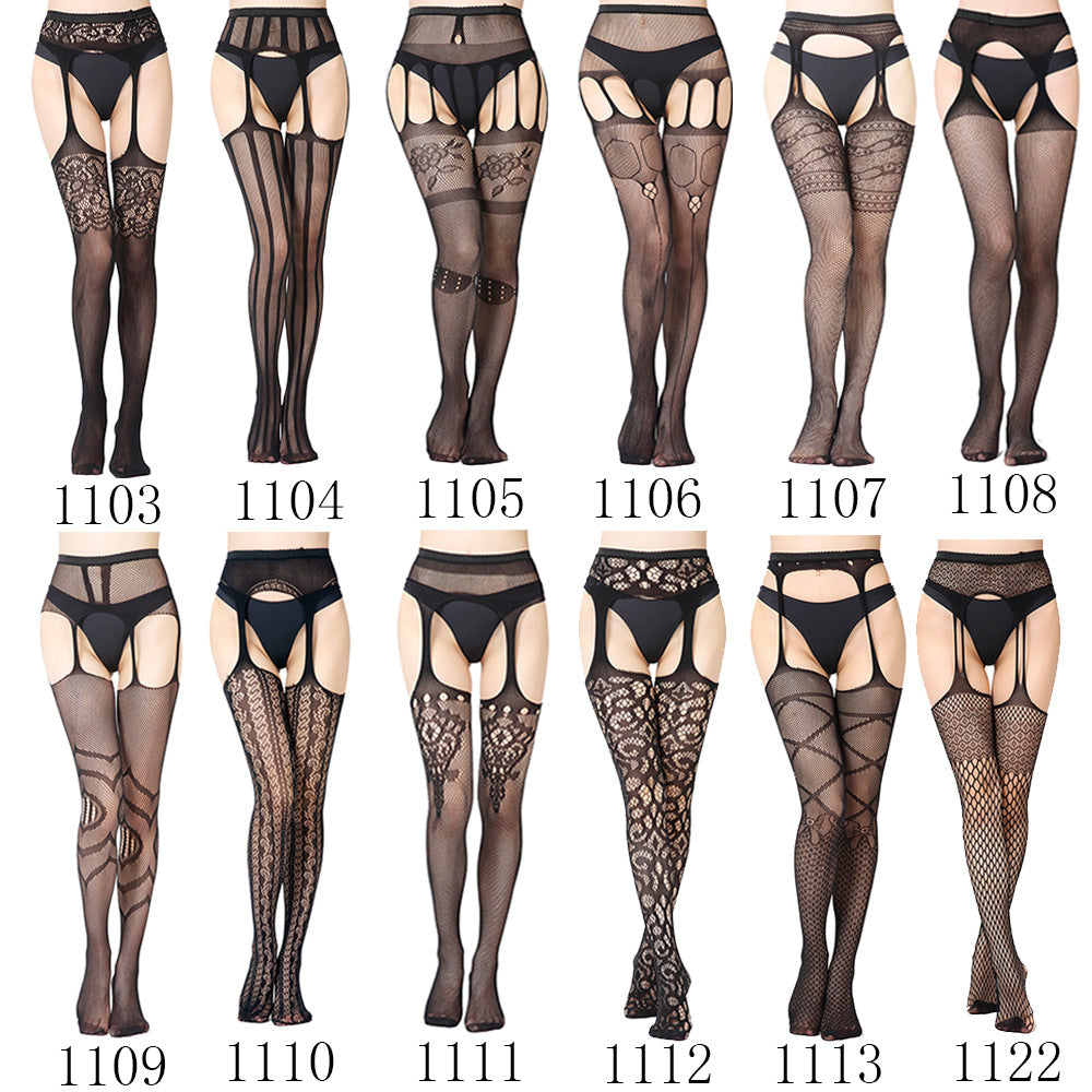 Black Fishnet Stockings with Garter Belt Set for Women | Lace Top Thigh High Stockings | Suspender Belt Set