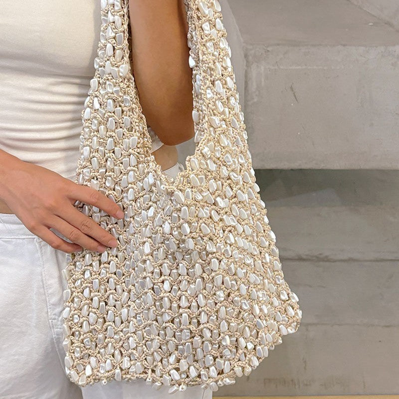 Women's Pearl Beaded Crochet Tote Bag in Cream Ivory, Handwoven Shoulder Bag for Beach Vacation and Summer
