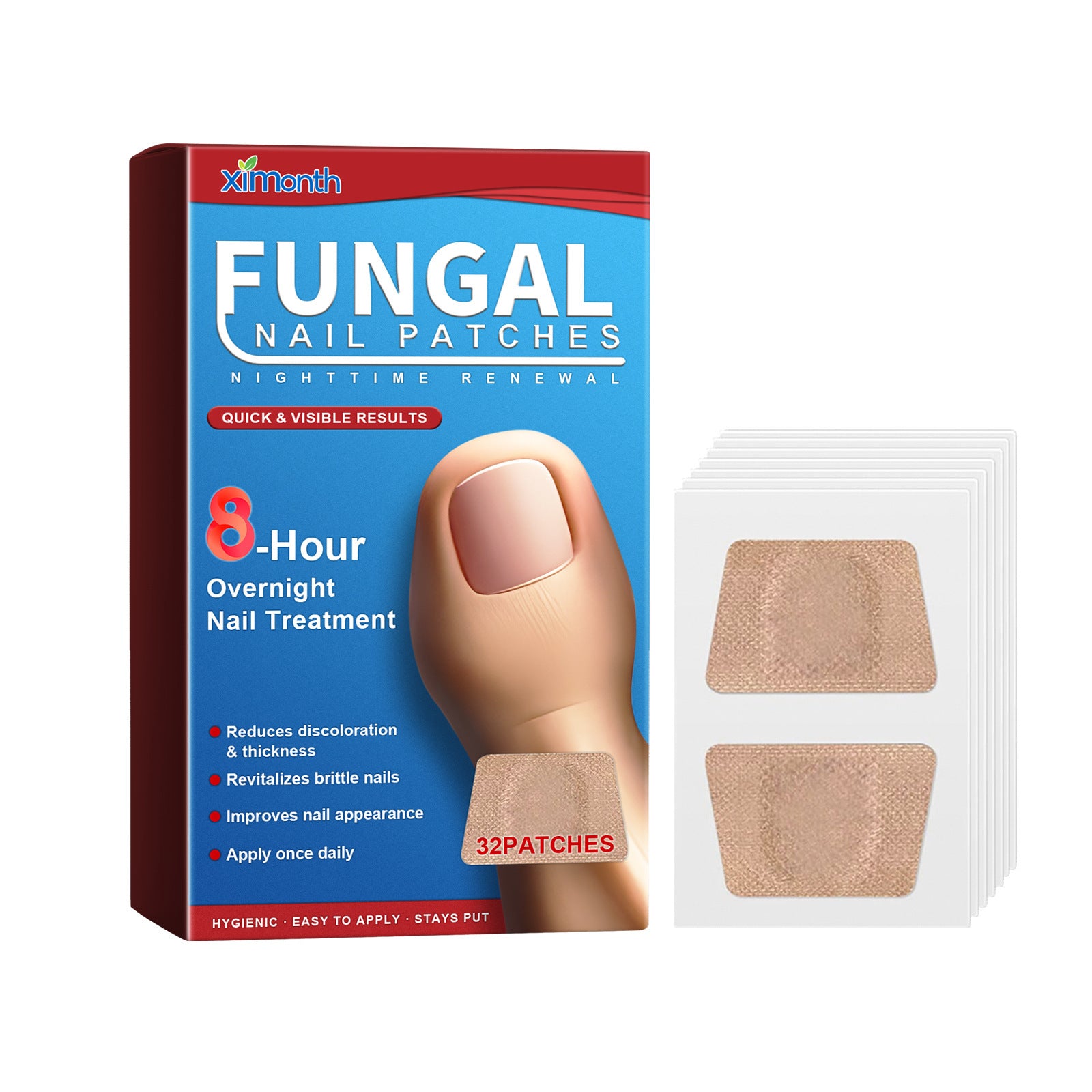Ximonth Fungal Nail Patches 32-Pack | 8-Hour Overnight Nighttime Nail Treatment | Reduces Discoloration & Thickness Fast