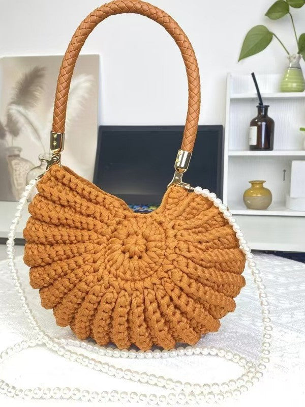 Handmade Crochet Knit Handbag | Boho Round Top Handle Bag with Pearl Strap ? Multiple Colors