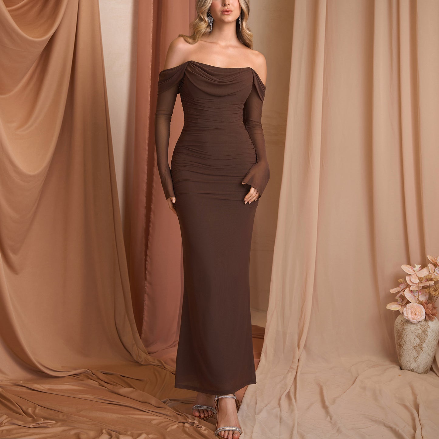 Women's Brown Off Shoulder Ruched Bodycon Maxi Dress Long Sleeve Formal Gown