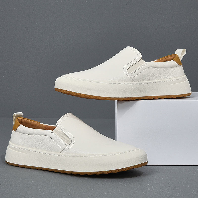 White Leather Slip-On Sneakers Men Casual Loafers Elastic Panel Gum Sole Minimalist Flat Shoes