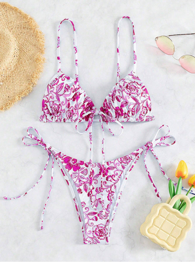 Set bikini con stampa floreale in porcellana, top con allacciatura frontale e slip perizoma con laccetti laterali, costume da bagno da donna multicolore chinoiserie, costume da bagno boho orientale da spiaggia, costume da bagno due pezzi rosso blu verde