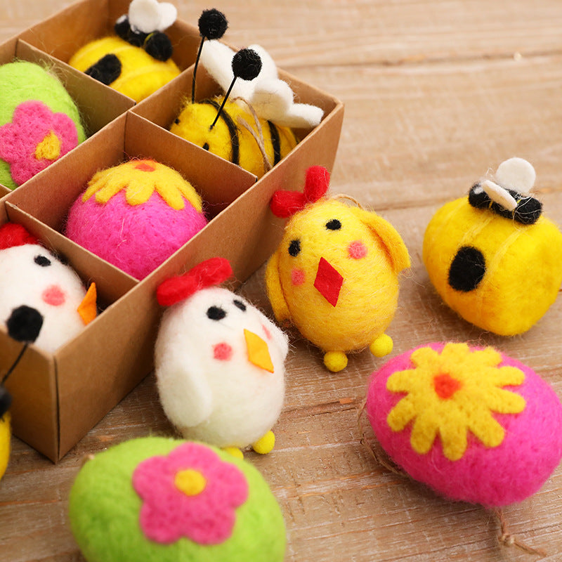 Felt Wool Easter Ornament Set 6pc | Handmade Chick Bee & Flower Egg Hanging Decorations | Spring Tree & Home Decor