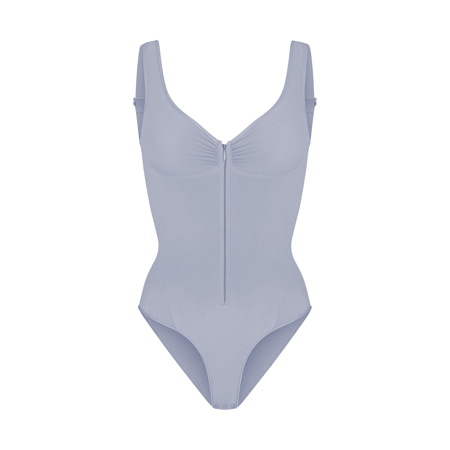 Womens Seamless Tummy Control Bodysuit Shapewear with Zipper Front Deep V Neck Adjustable Straps Thong Body Shaper in Nude and Black