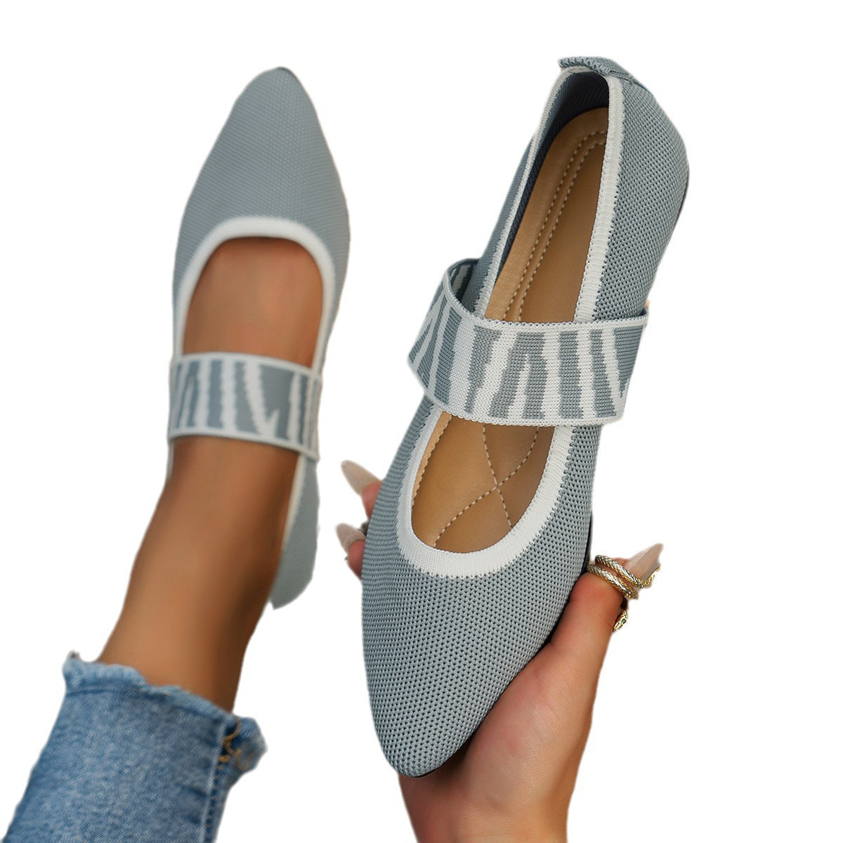 Black Knit Pointed Toe Flats Women Geometric Stripe Strap Slip-On Breathable Ballet Shoes Casual Daily