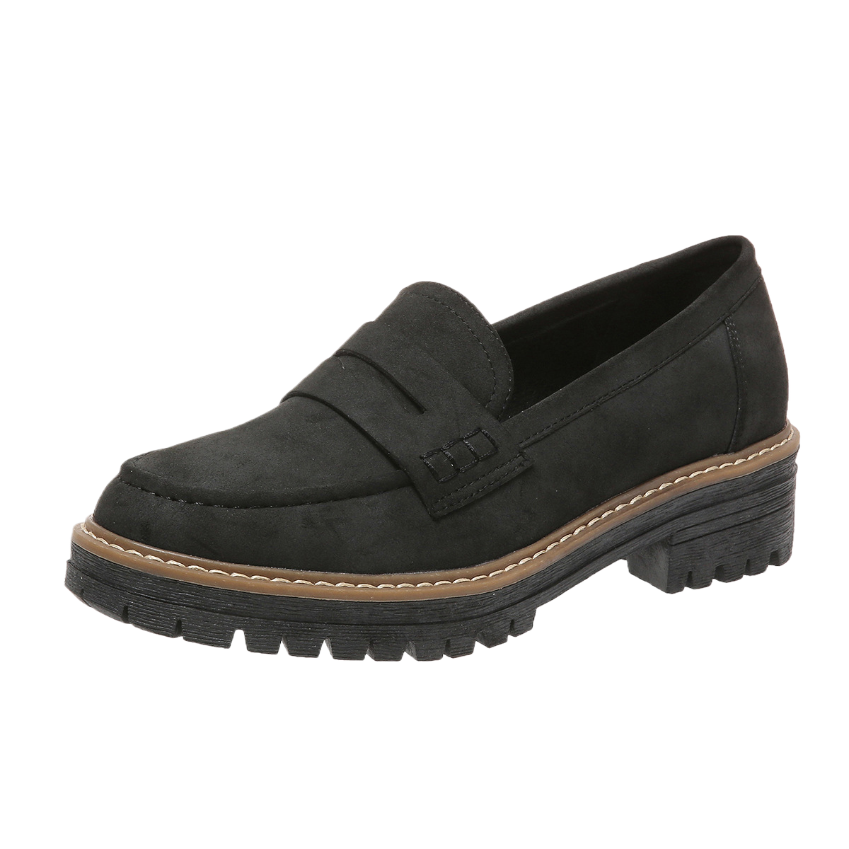 Black Suede Lug Sole Penny Loafers for Women | Chunky Platform Slip-On Loafers | Tan Welt Stitch Detail Loafers | Casual Smart Street Style Shoes