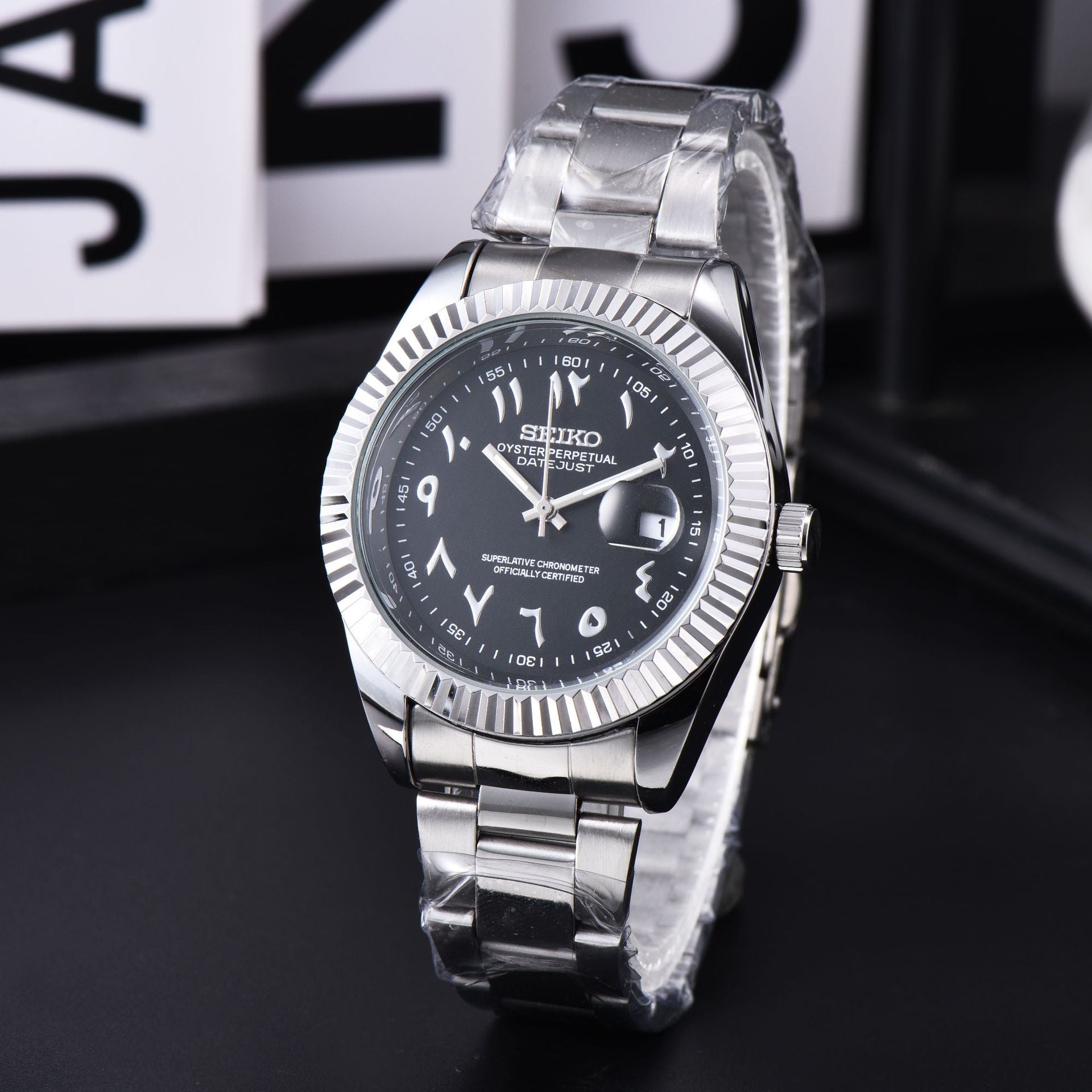 Men's Silver Luxury Dress Watch | Fluted Bezel Arabic Numeral Black Dial Jubilee Bracelet Date Watch