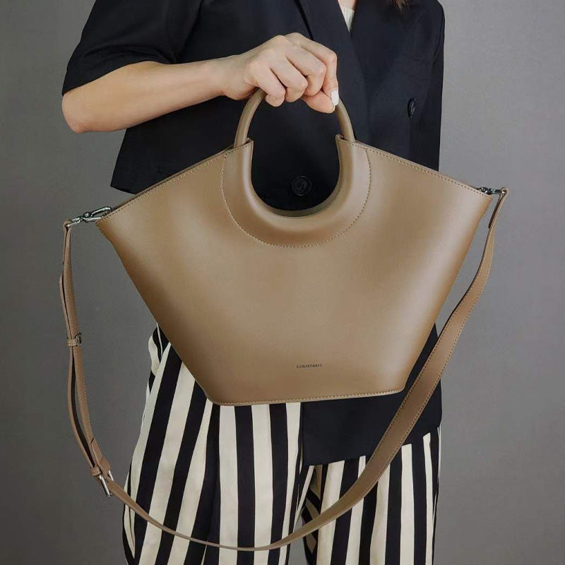 Cowhide High-End French Fashion Commuter Special Bag Niche Design Vegetable Basket Bag Brown Structured Tote Bag with Cutout Handle | Modern Trapezoid Leather Bag