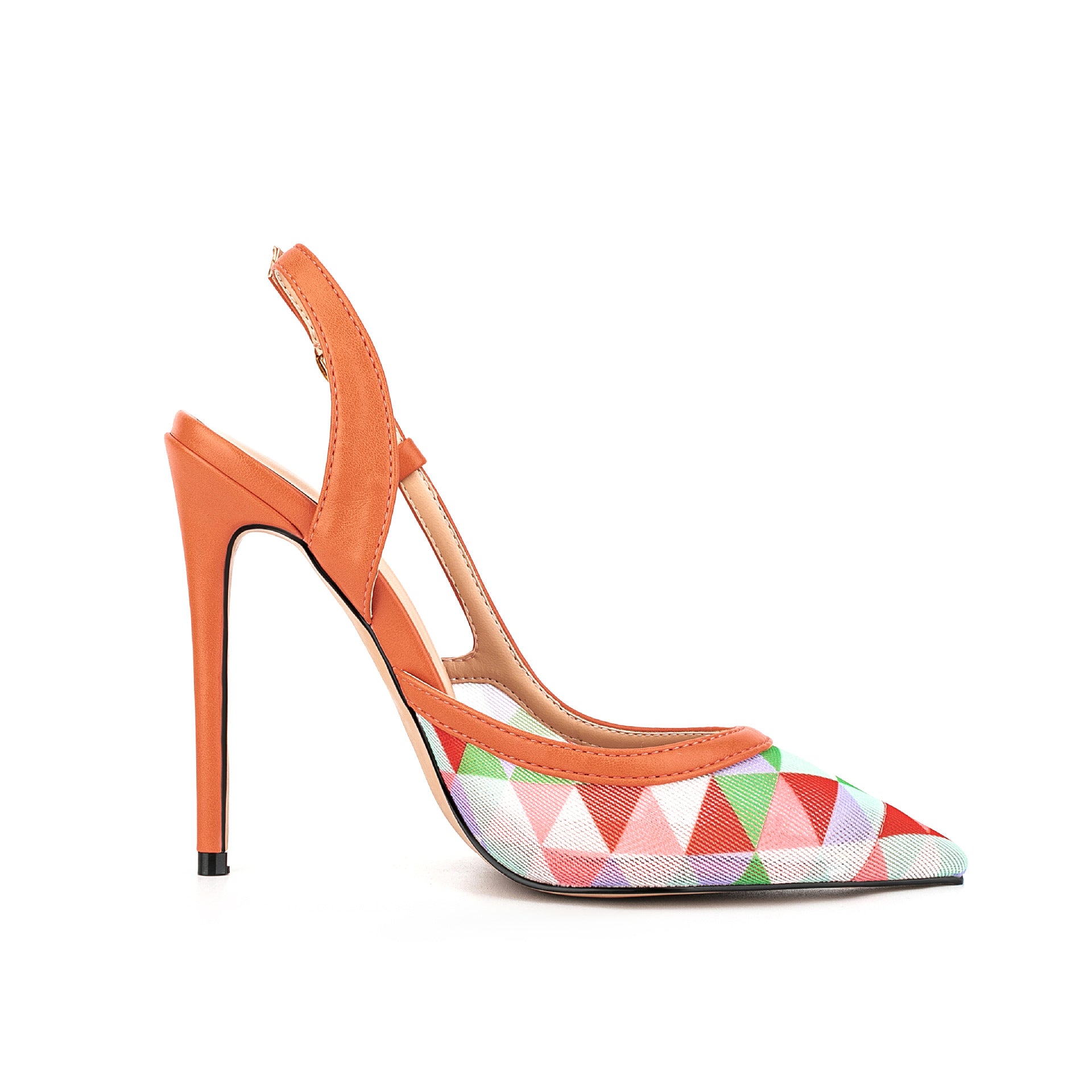 Hot Pink Geometric Print Pointed Toe Slingback Stiletto Heels | Women's Colorful T-Strap High Heel Pumps
