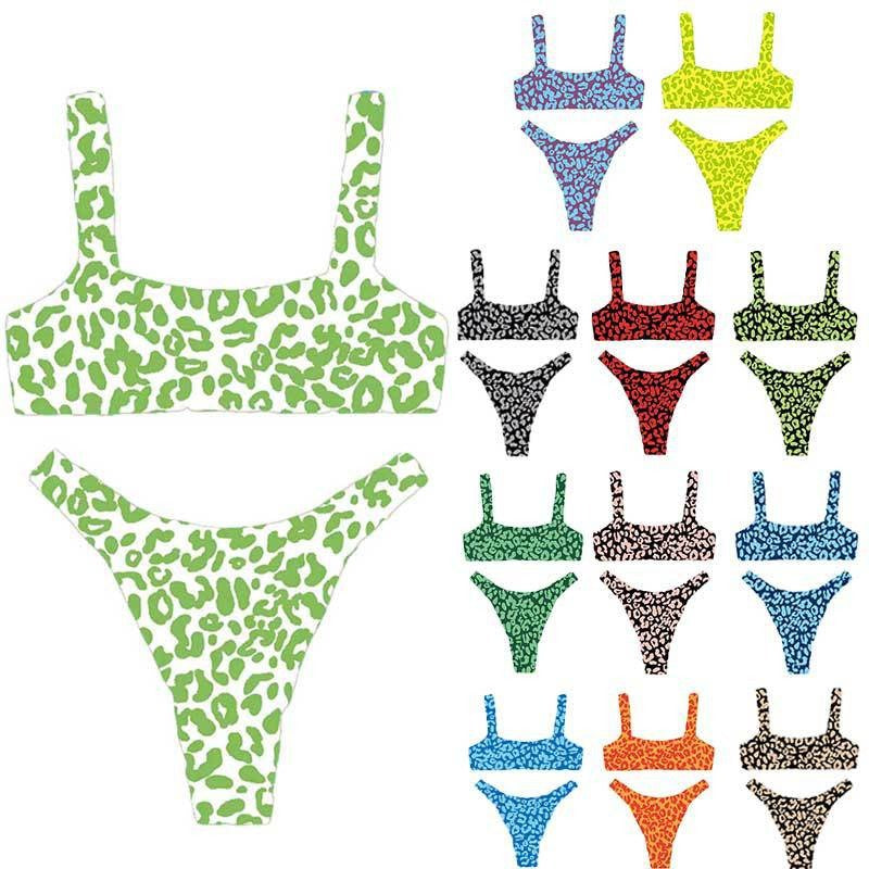 Colorful Leopard Print Bikini Set, Square Neck Crop Top & High Cut Bottom, Women Two Piece Swimwear, Multi Color Animal Print Swimsuit, Beach Vacation Bathing Suit