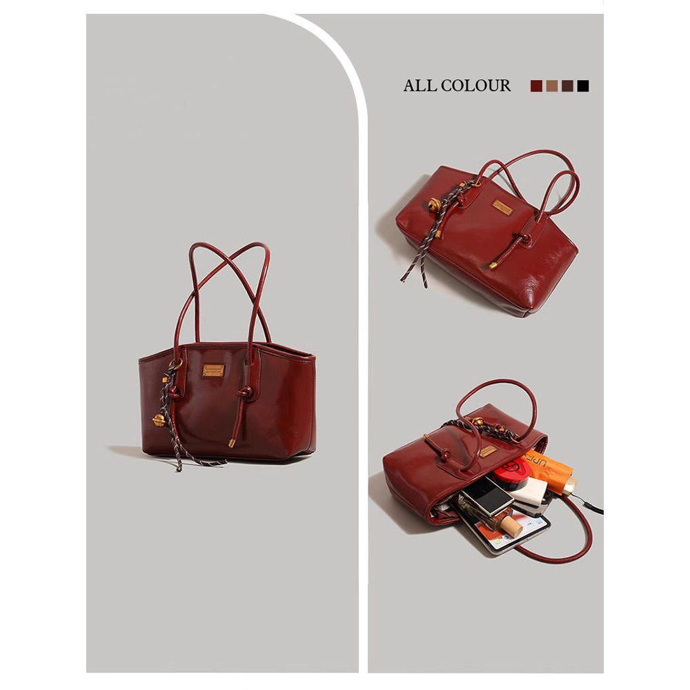 Burgundy Wine Leather Tote Bag with Gold Hardware | Structured Shoulder Handbag