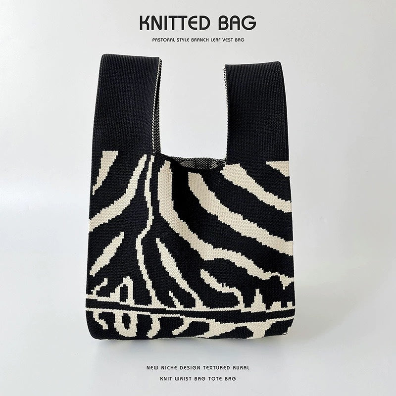 Black & White Geometric Knit Tote Bag | Aztec Pattern Wrist Handle Handbag | Boho Crochet Style Women's Bag