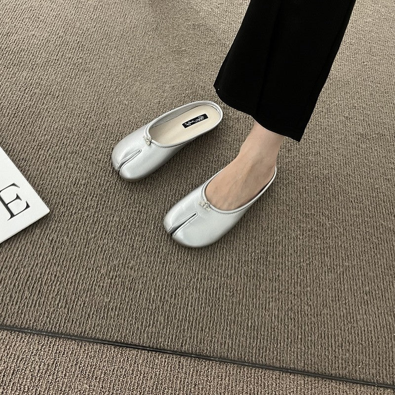 Black Leather Split Toe Tabi Ballet Flats | Japanese Inspired Bifurcated Flat Shoes for Women