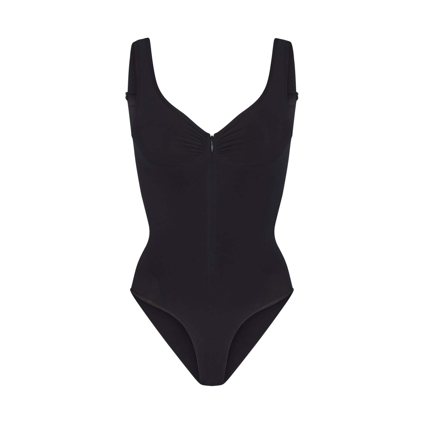 Womens Seamless Tummy Control Bodysuit Shapewear with Zipper Front Deep V Neck Adjustable Straps Thong Body Shaper in Nude and Black