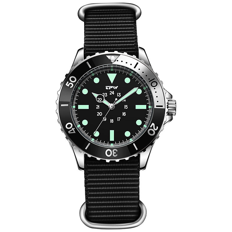 TPW Black Diver Style Watch Men | Luminous Dial Rotating Bezel Silicone Strap Sport Quartz Watch