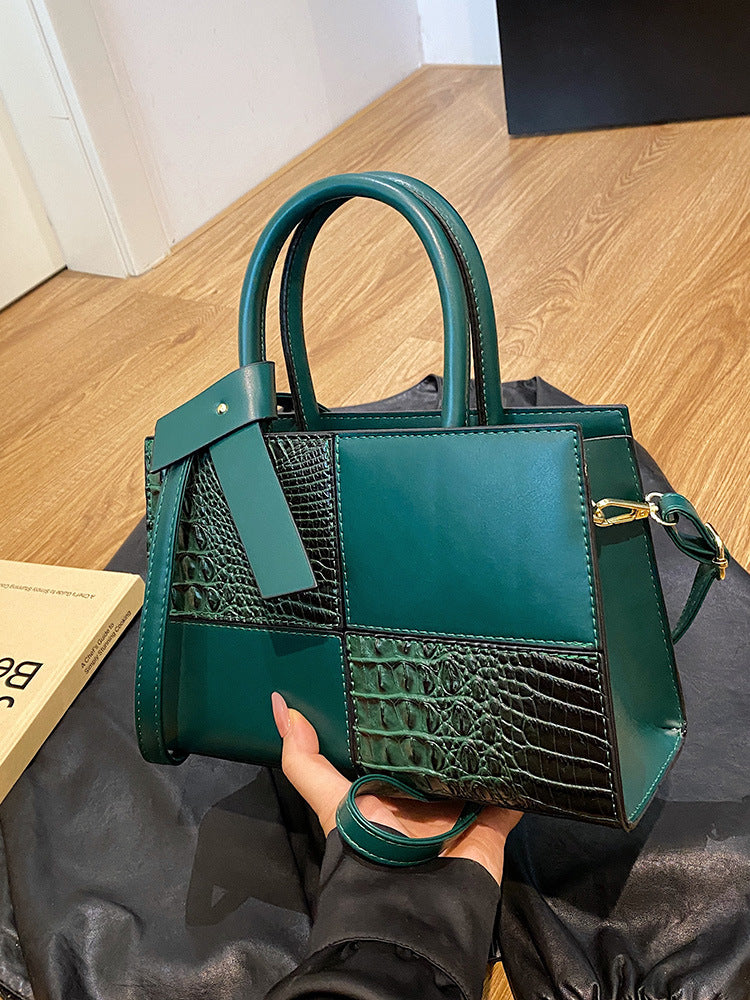 White Croc Embossed Color Block Tote Bag | Women's Luxury Style Top Handle Crossbody Handbag