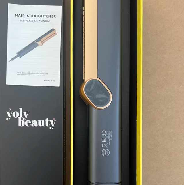 مكواة فرد الشعر Yoly Beauty Airflow | مكواة فرد شعر رمادية ذهبية بتصميم Airstrat مع قاعدة تهوية | مكواة فرد شعر أيونية احترافية سلكية مع علبة هدايا ودليل استخدام