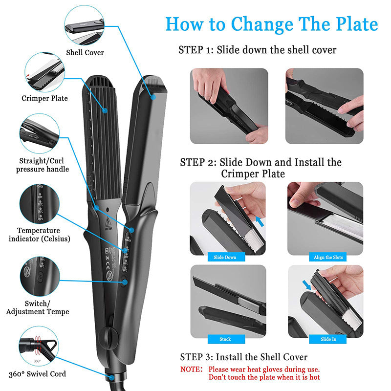 4-in-1 Interchangeable Plate Hair Straightener & Crimper Set | Multiple Wave Crimp Flat Straight Plates | Professional Ceramic Ionic Hair Styling Iron with Adjustable Temperature | All Hair Types