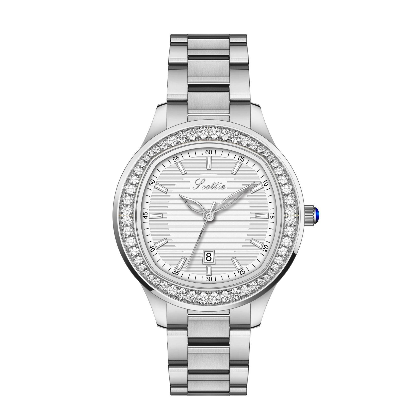 Scottie Crystal Bezel Watch Women | Silver Textured Dial | Black Crocodile Leather Strap | Date Display Elegant Dress Watch