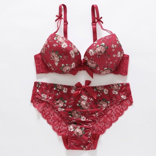 Women's Black Floral Rose Print Push-Up Bra & Panty Set ? Sexy 2-Piece Lace Trim Matching Lingerie Set