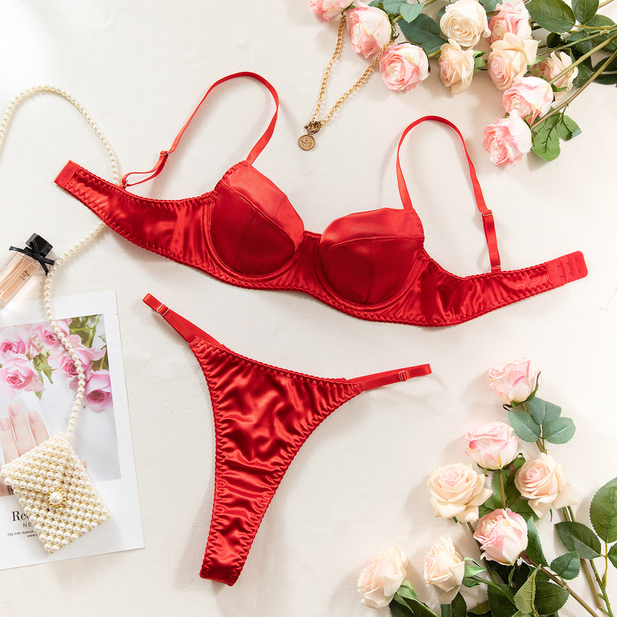 Burgundy Satin Balconette Bra & Thong Lingerie Set | 2-Piece Ruched Underwire Bra Gold Ring Adjustable Intimate Set | Wine Red Luxury Lingerie
