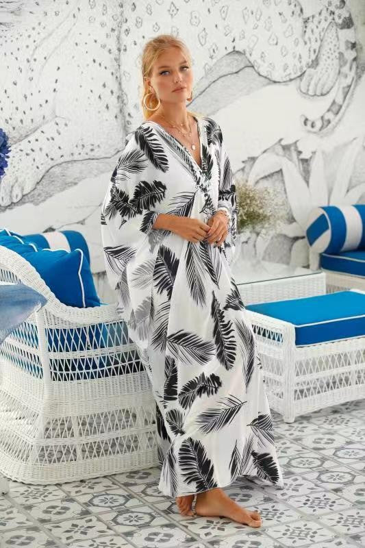 Kaftano lungo stampato da mare | Abito boho oversize con maniche a pipistrello e scollo a V | Copricostume da bagno da donna con fantasia tie-dye, zebrata o a foglie tropicali, in stili diversi