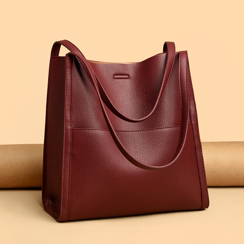 Black Leather Tote Bag with Front Slip Pocket | Minimalist Shoulder Bag