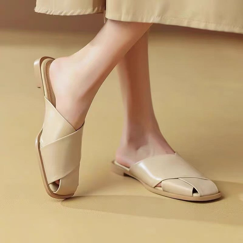Women's Black Leather Cross Strap Flat Mule Slides ? Minimalist Open Toe Slip-On Summer Shoes
