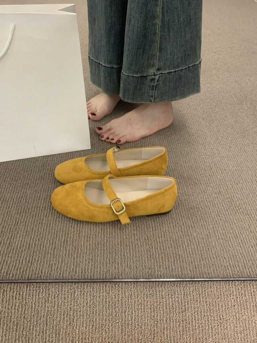 Colorful Suede Mary Jane Flats for Women | Multi Color Ballet Flats with Buckle Strap | Round Toe Flat Shoes | Available in Red Green Yellow Blue Pink Tan | Cute Everyday Flats