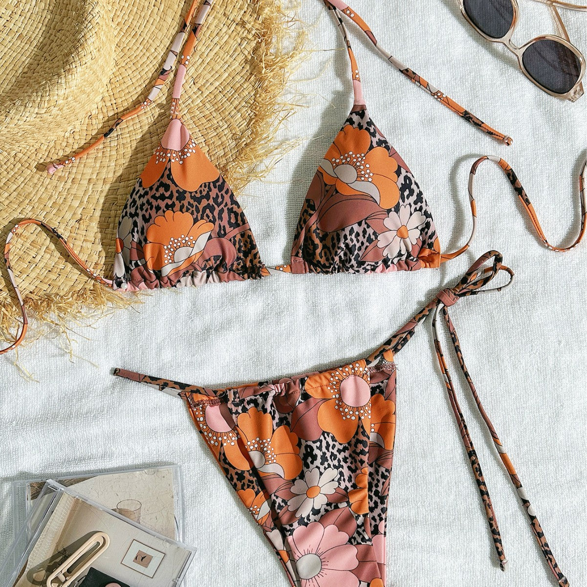 Retro Floral Mixed Print Bikini Set, Wrap Around Tie Top & String Bottom, Women Boho Patchwork Swimwear, 70s Vintage Beach Swimsuit, Brown Pink Halter Bikini
