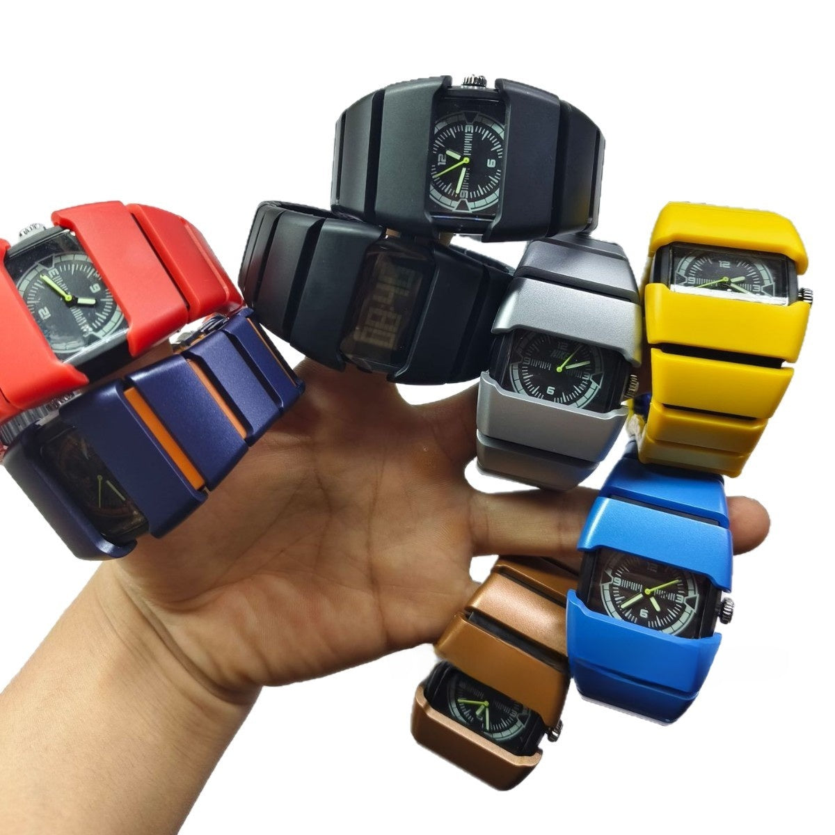Men's Futuristic Wide Rectangular Watch | Matte Silver Aluminum Case Black Dial Neon Green Hands | Diesel Style Techwear Sport Timepiece