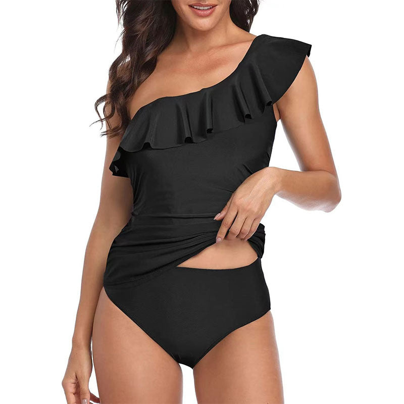 Black One Shoulder Ruffle Cutout One Piece Swimsuit | Tummy Control Ruched Monokini | Women's Elegant Swimwear