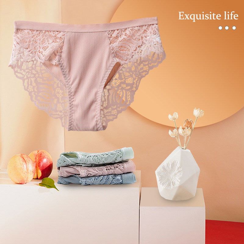 Sage Green Ribbed Lace Back Panties for Women Soft Cheeky Briefs Mid Rise Underwear Floral Lace Panel