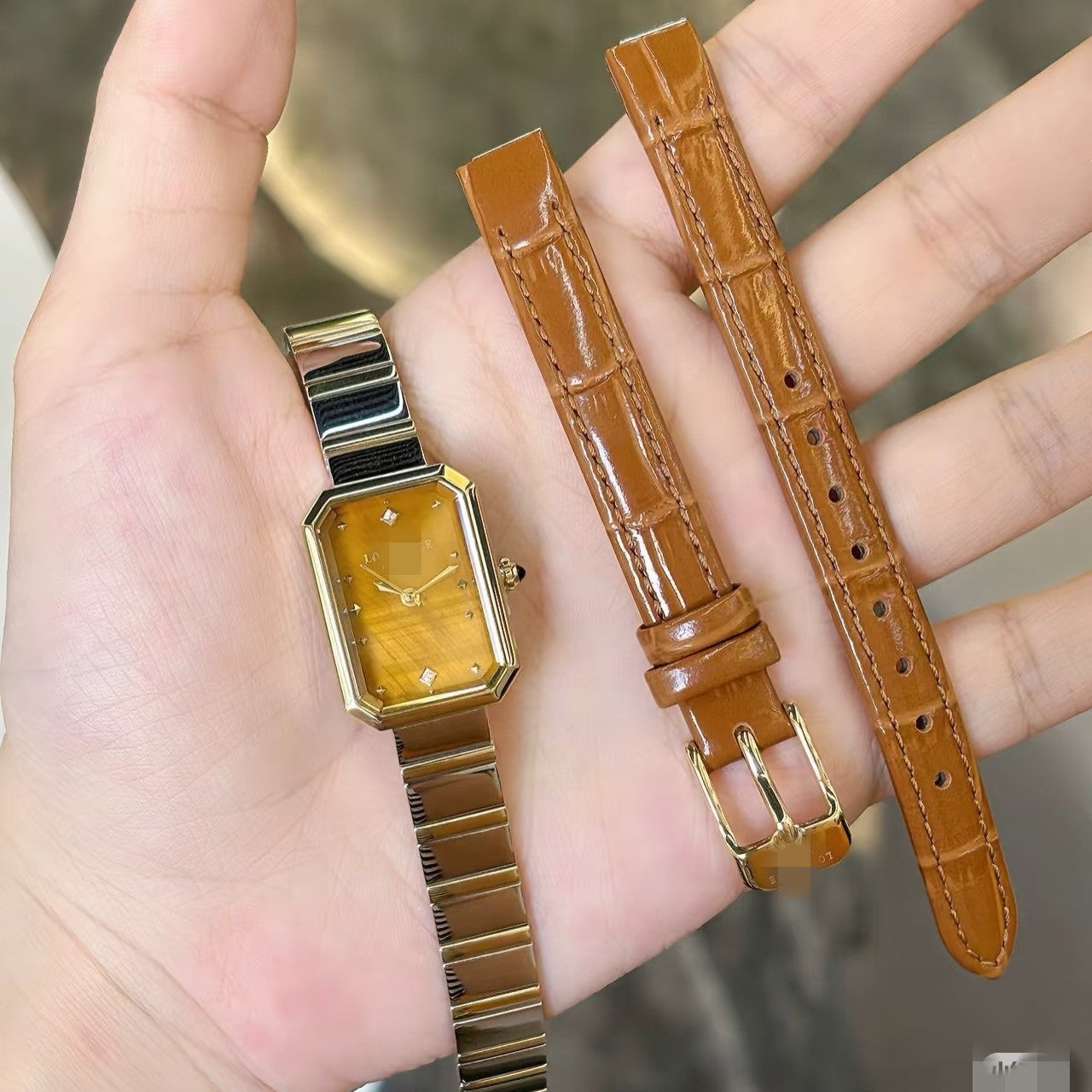 Lola Rose London Sugar Cube Women's Watch | Brown Amber Dial Gold Rectangle Steel Bracelet Luxury Timepiece