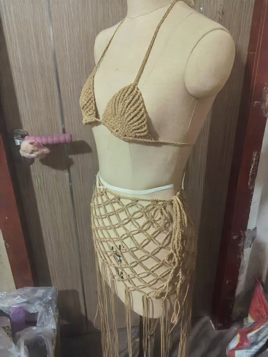 Gold Crochet Macrame Bikini Set Triangle Halter Top Net Fringe Wrap Skirt Boho | Women Three Piece Swimwear Beach Vacation Resort Luxury Summer