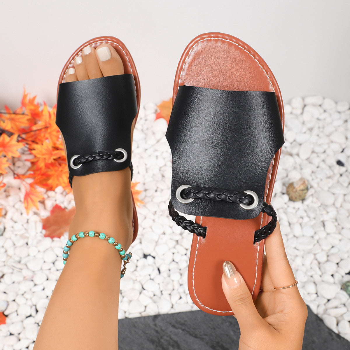 Women's Tan Brown Braided Detail Flat Slide Sandals ? Boho Leather Look Open Toe Summer Shoes