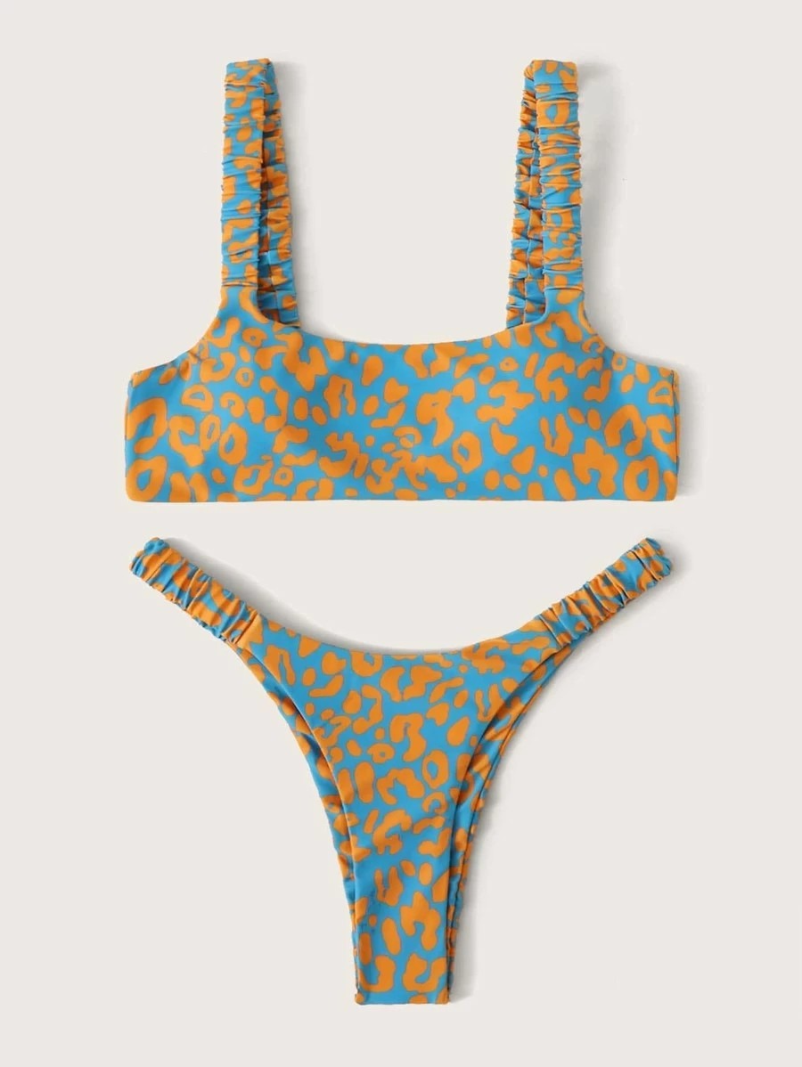 Colorful Leopard Print Bikini Set, Square Neck Crop Top & High Cut Bottom, Women Two Piece Swimwear, Multi Color Animal Print Swimsuit, Beach Vacation Bathing Suit
